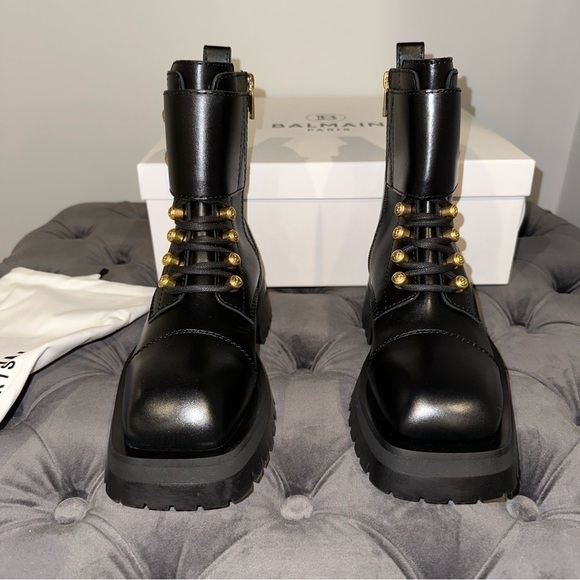 New Size 36.5 Balmain Calfskin Button Cuff Ranger Boots Black Gold - Picture 6 of 9